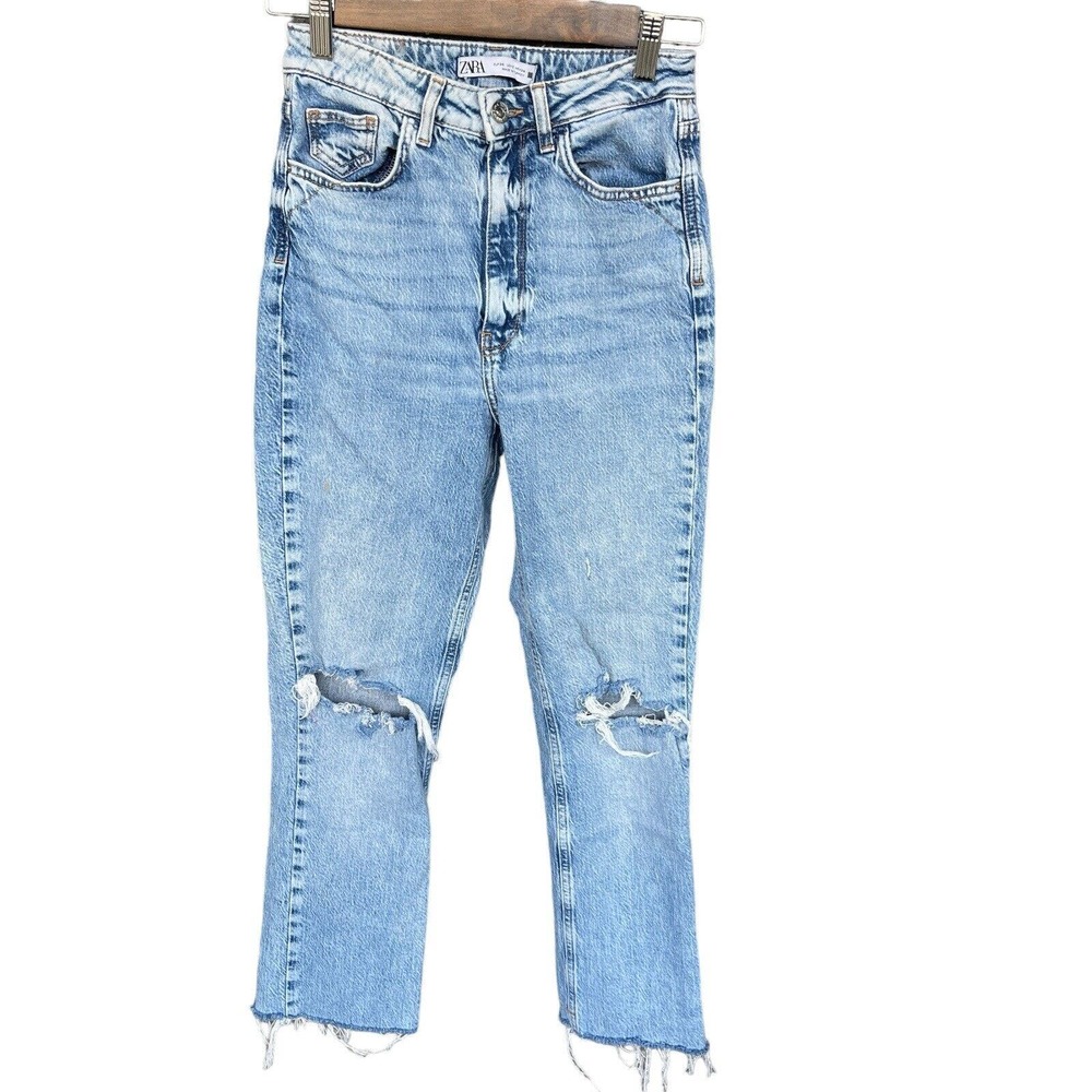 Zara Jeans Womens Size‎ 2 Blue Slim Flare Distressed Raw Hem Straight Leg FLAWS